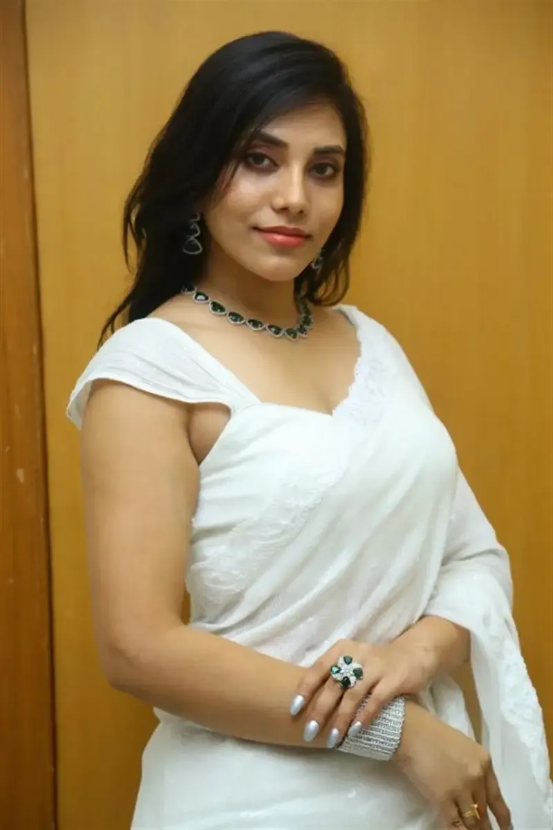 INDIAN ACTRESS MADHUMITHA IN SLEEVELESS WHITE SAREE 2